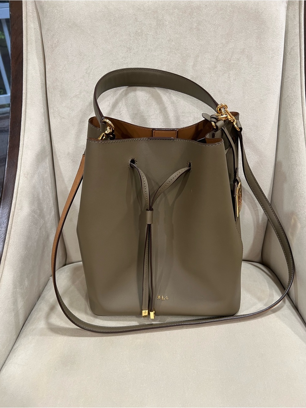 Ralph Lauren Olive Green Leather Drawstring Bucket Bag with Gold Accents